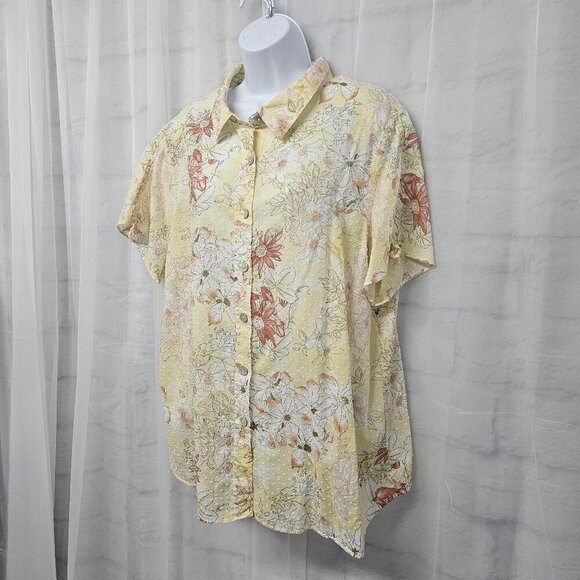 Yellow Salmon Floral Blouse Swiss Dot Boho Cottagecore 1X+ - Picture 5 of 9